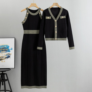Conjunto de Suéter Tejido para Mujer, Vestido Azul con Cuello en V y Cárdigan de Manga Larga, Atuendo de Moda Otoñal - Product Image 4