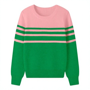 Pull en tricot à blocs de couleurs rose et vert, col rond, manches longues, décontracté, pour l'automne, pour adultes - Product Image 1