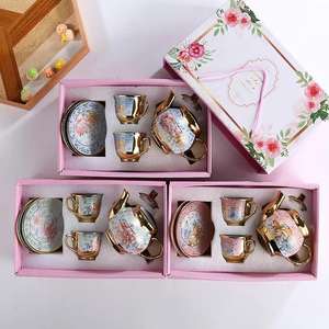 Nouvelle collection 2026 : Coffret cadeau de 6 tasses à thé et soucoupes en céramique écologiques, design européen en relief, avec tasses à café de luxe plaquées or - Product Image 4