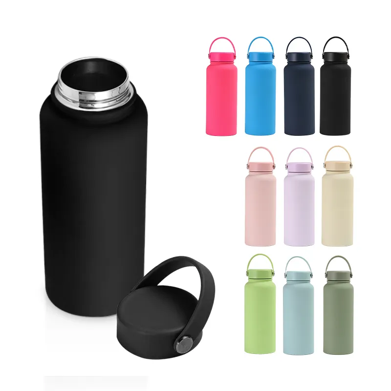 Customized LOGO 32oz 40oz Stainless Steel Water Bottle with Hook Lids Double Wall Vacuum Matte Rubber Metal Tumblers for Sport