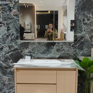 Mueble de baño estilo amarillo, mueble con espejo tipo colmena, lavabo blanco, mueble colgante con doble cajón. - Product Image 3