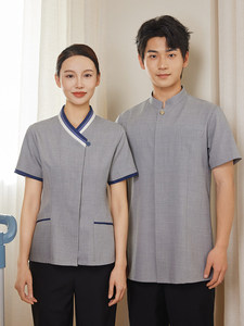 25 Billion Long Chinese Style Graded Strip Collar Short Sleeve Cleaning PA Room Service Housekeeping Staff Work Breathable - Product Image 3