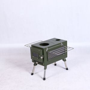 Estufa de leña portátil plegable color verde militar con ventana de visualización para acampar - Product Image 1