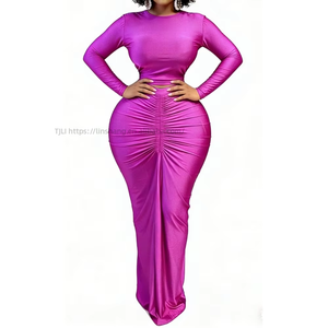 Ensemble 2 pièces froncé pour femme : haut court à manches longues et jupe longue taille haute pour soirées et événements – Tendance Mode - Product Image 2
