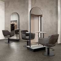 Station de coiffure avec miroir double face LED pour salon de coiffure, miroir ovale arqué, station de coiffage avec étagère