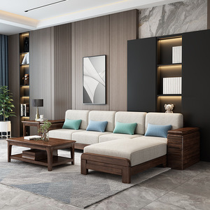 <b>Walnut</b> Solid Wood Sofa L Shape Modular Sectional Living Room Furniture For Small Apartments Three Seater Corner Design - Product Image 5