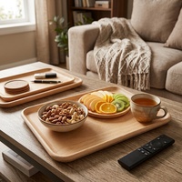 Ensemble de 2 plateaux de service rectangulaires en bois de hêtre, plateau à nourriture en bois naturel avec bords surélevés pour la cuisine, la table à manger