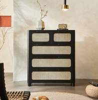 Commode moderne noire en rotin à 5 tiroirs avec façades tressées, meuble de rangement en bois, vente en gros pour chambre et salon