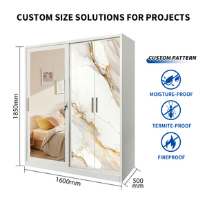3 Door Metal Armoire Modern Steel Printed <strong>Wardrobe</strong> <strong>with</strong> Hanging Rail and <strong>Mirror</strong> for Bedroom Furniture Wholesale - Product Image 2