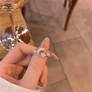 Kekasih Seperti Bulan dan Bintang Bentuk 18K Emas Disepuh Zirkon Berlian Kristal Perhiasan Lapisan Ganda Cincin untuk Wanita Gits Gaya Baru