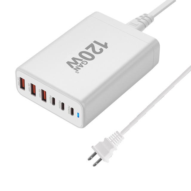 120W 6-Port USB-C GaN Desktop PD Fast Charging Station Laptop Power Adapter 5V/3A Output Fireproof Universal Input Short Circuit