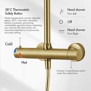 Ensemble de robinetterie de <span class=keywords><strong>douche</strong></span> thermostatique en or brossé avec barre coulissante, pommeau de <span class=keywords><strong>douche</strong></span> pluie et douchette à jet doux, design angulaire incurvé pour usage hôtelier - Product Image 3