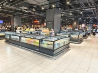 Congélateur îlot moderne noir/gris/blanc pour supermarché avec éclairage LED