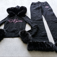 Setelan Training Wanita Logo Kustom Y2K Hoodie Berbulu Pakaian Wanita 2 Pcs Set Baju Santai Wanita Setelan Jogger