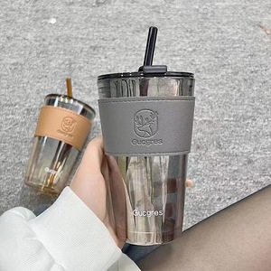 Tasse à café isotherme 450 ml avec poignée, couvercle et paille, résistante à la chaleur, pour eau, bière, avec motif cerf en cuir - Product Image 5