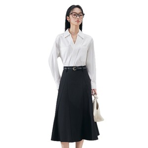 Women's White Long Sleeve Shirt With V Neck And Pocket Black Skirt Set For Office Wear - Product Image 5
