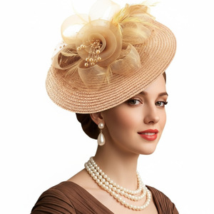 HZO-26031 Populaire Coiffe en maille fleurie, accessoire capillaire en paille tressée et plumes, pour courses hippiques, festivals, goûters, mariages et bals de promo - Product Image 3