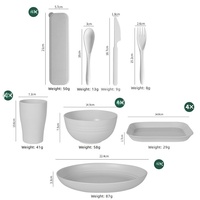 Ensemble de vaisselle carré blanc laiteux en composite de paille de blé et plastique, comprenant assiette, bol, tasse, couteau, fourchette, cuillère, portable et compatible micro-ondes