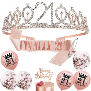 WT-211 принцесса с днем рождения короны и пояс для взрослых из розового золота короны, для празднования дня рождения и поясом комплект 16/21/30/40/50th