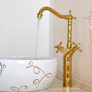 Luxury European Hot selling Antique Basin Water Tap Brass Tall Body Rotatable Dual Handle Long Neck Gold Bathroom Basin Faucet