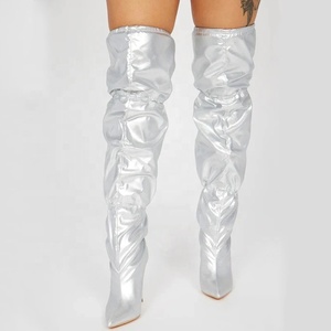 Size 44 Stretch Wide Top Women Silver Over Knee High <b>Boots</b> Stiletto Pointed Toe Elastic Lace up Shoes Thigh High Long Booties - Product Image 3