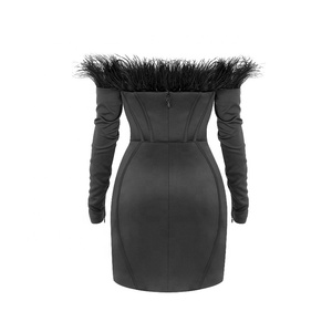 Robe de soirée moulante à manches longues, Corset Sexy de couleur noire avec épaules dénudées, plumes, personnalisée, nouvelle collection - Product Image 6