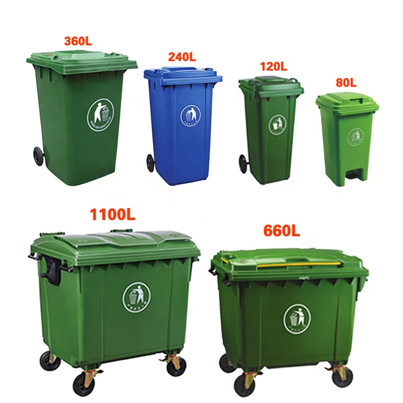 Tempat sampah plastik luar ruangan, 100L/120L/240L/660L/1100L tempat sampah besar luar ruangan