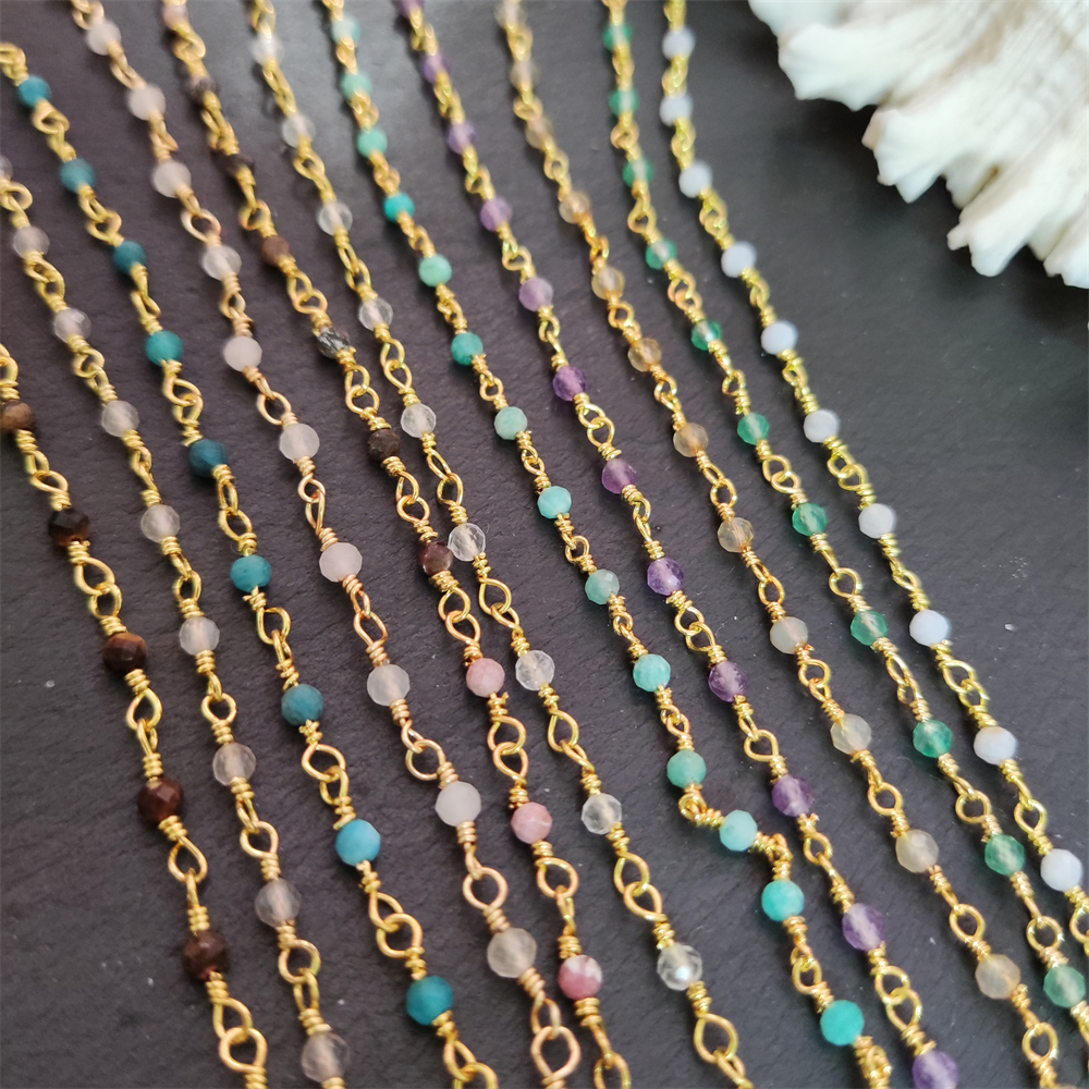 Top Selling Natural Gemstone Beaded Gold Plated Jewelry Making Round Shape Faceted Bead Rosary Chain DIY Necklace Jewelry Making
