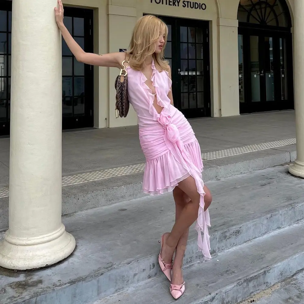 Amarillo Halter Show personalidad espalda descubierta ropa de mujer rosa flor Sexy vestido 2023 otoño nuevas especias gasa vestidos de mujer