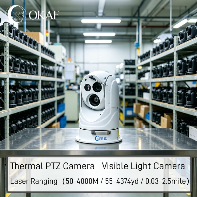 OKAF Boat-Mounted Thermal PTZ Camera CMOS 4KM Laser Ranging 46x Zoom Night Vision IP66 Waterproof Two-Way Audio for Marine