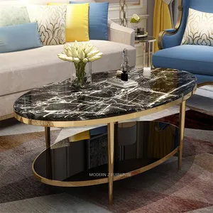 लक्जरी आधुनिक कमरे में रहने वाले केंद्र चाय अंत तालिका 2 स्तरीय नॉर्डिक बड़े काले संगमरमर अंडाकार कॉफी टेबल