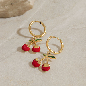 Cherry <b>Drop</b> <b>Earrings</b> Gold Plated <b>Red</b> Fruit Design For Women Gift Jewelry - Product Image 3