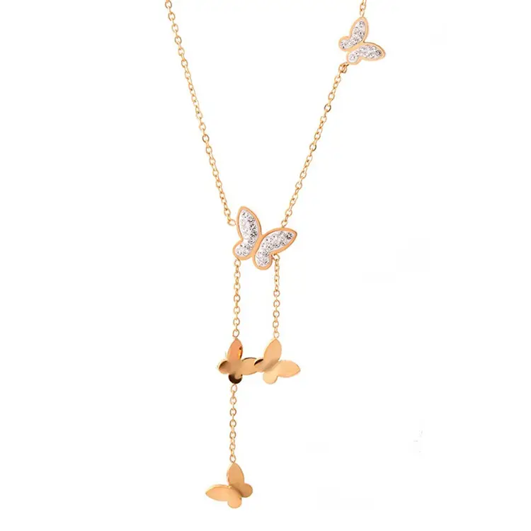 Roxi — collier fait en acier inoxydable pour femme, ras du cou asymétrique, Mini Zircon, pendentif papillon avec pompon, nouvelle collection 2020