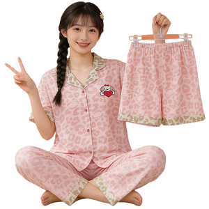 Conjunto de Pijama de Tres Piezas para Mujer, Estilo Coreano, Estampado de Dibujos Animados, Manga Corta, Cintura Elástica, Transpirable, de Secado Rápido y Suave, para Primavera/Verano - Product Image 1