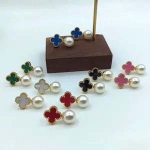 Titanium steel lucky four-leaf clover 18K pearl earrings fashion simple atmospheric earrings manufacturers wholesale