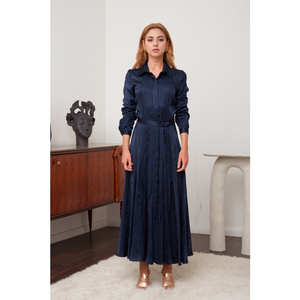 Moda nuevo satén azul <span class=keywords><strong>oscuro</strong></span> patrón <span class=keywords><strong>oscuro</strong></span> solapa botón manga larga corbata plisado hendidura vestido largo lujo elegante señoras vestidos - Product Image 2