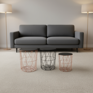 Set di 3 tavolini da caffè impilabili in rame, MDF nero e metallo - Product Image 2