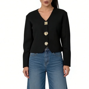 เสื้อคาร์ดิแกนถักคอวีชายไม่สมมาตรสำหรับผู้หญิง - เสื้อสเวตเตอร์แขนยาวติดกระดุมสีทองแฟชั่น - Product Image 5