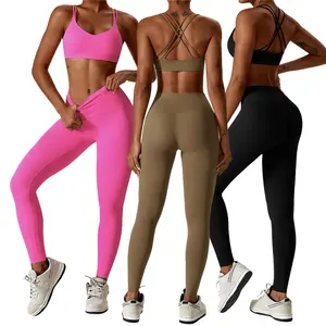 Ropa deportiva mujer setelan pakaian wanita, Bra olahraga punggung silang 2023 dan Legging 2 potong, set pakaian kebugaran Gym