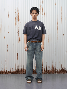 GOODLIVABLE 128oz 3D Cat-Belly Honeycomb Washed Distressed Denim Vintage Mid-Waist Spring Loose Straight-Leg Pants - Product Image 3