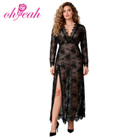 Ensemble de lingerie grande taille sexy en dentelle cils, robe de nuit à manches longues, décolleté plongeant en V profond, fente, transparente, avec string, tailles S-2XL, vente en gros