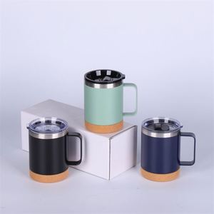 Custom Cork Bottom Powder Coated Matte <b>Coffee</b> Cup 12 oz Double Wall Vacuum Insulated Cork Base Stainless Steel Mug with Handle - Product Image 6
