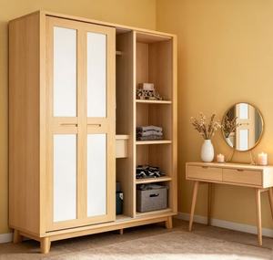 Armoire scandinave moderne en bois avec portes coulissantes et étagères ouvertes, meuble de rangement autoportant pour chambre à coucher - Product Image 1