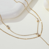 Collier Lariat Géométrique Tendance Résistant à l'Eau avec Zircons Cubiques, Double Couche, en Acier Inoxydable Délicat Plaqué Or 18K PVD, Bijou de Mode