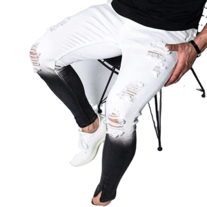 Usine OEM/ODM – Jean skinny stretch déchiré délavé pour homme, dégradé blanc et noir, denim streetwear hip-hop, brodé, style utilitaire - Product Image 1