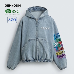 OEM/ODM High-End Custom Streetwear Boxy Fit Hand Drawn Printing Denim Hoodie Flat Embroidery Acid Wash Loose Men's Zipper Hoodie - Product Image 1