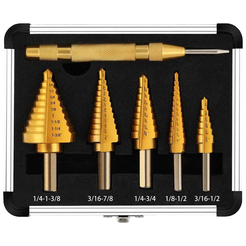 Step Drill Bit Set & Automatic Center Punch- Unibit, Titanium Coated, Double Cutting Blades, High Speed Steel,