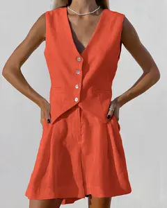 Matching The New Cotton and Linen Set In The Collection Women's Summer Casual Sleeveless Vest and Shorts Two-piece Set