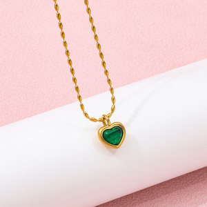 Collana Joolim Jewelry con Pendente a Cuore in Acciaio Inossidabile Placcato <span class=keywords><strong>Oro</strong></span> 18K <span class=keywords><strong>e</strong></span> Zircone Verde, Catena a Grani, Collane Trendy da Donna - Product Image 3