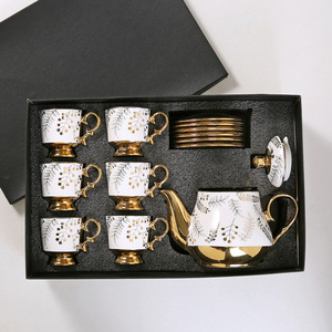 Juego de Café y Té de Cerámica Ecológica Clásico Dorado Árabe con Tazas de Porcelana, Platillo, Tetera de 110 ml, Caja de Regalo de 13 Piezas - Product Image 3